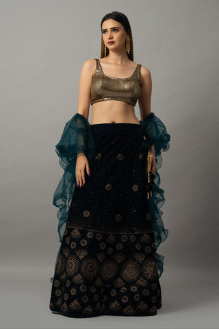 Navy Blue Velvet Lehenga Set with Gold Sequin Choli and Ruffle Dupatta