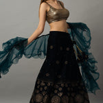 Navy Blue Velvet Lehenga Set with Gold Sequin Choli and Ruffle Dupatta - Anvi Couture
