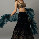 Navy Blue Velvet Lehenga Set with Gold Sequin Choli and Ruffle Dupatta - Anvi Couture