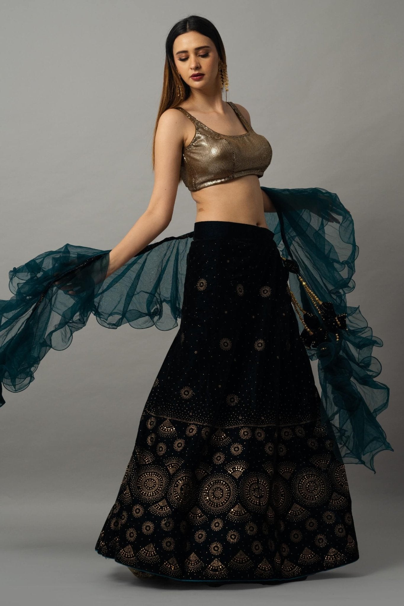 Navy Blue Velvet Lehenga Set with Gold Sequin Choli and Ruffle Dupatta - Anvi Couture