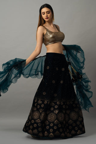 Navy Blue Velvet Lehenga Set with Gold Sequin Choli and Ruffle Dupatta