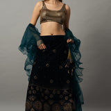 Navy Blue Velvet Lehenga Set with Gold Sequin Choli and Ruffle Dupatta - Anvi Couture