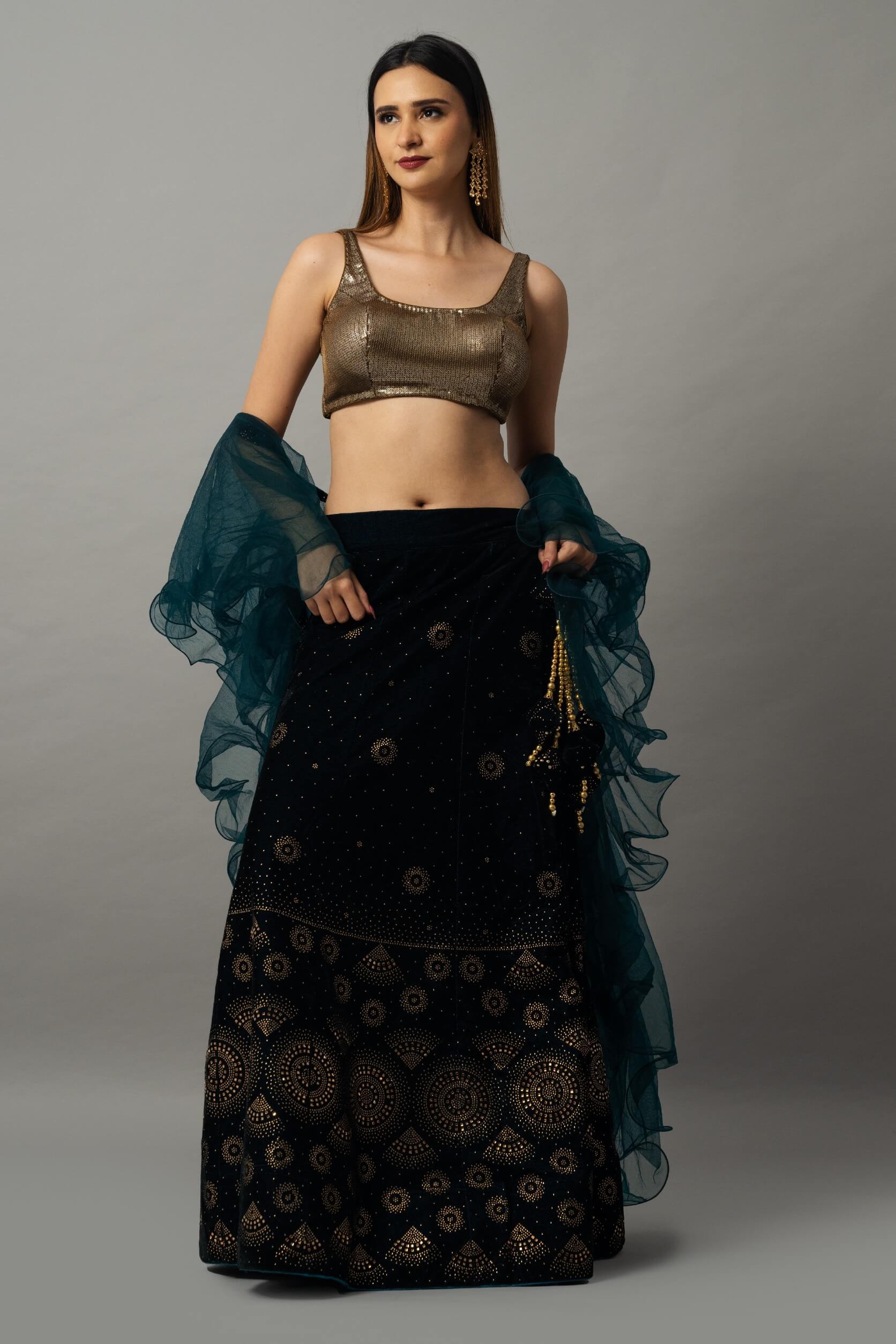 Navy Blue Velvet Lehenga Set with Gold Sequin Choli and Ruffle Dupatta - Anvi Couture