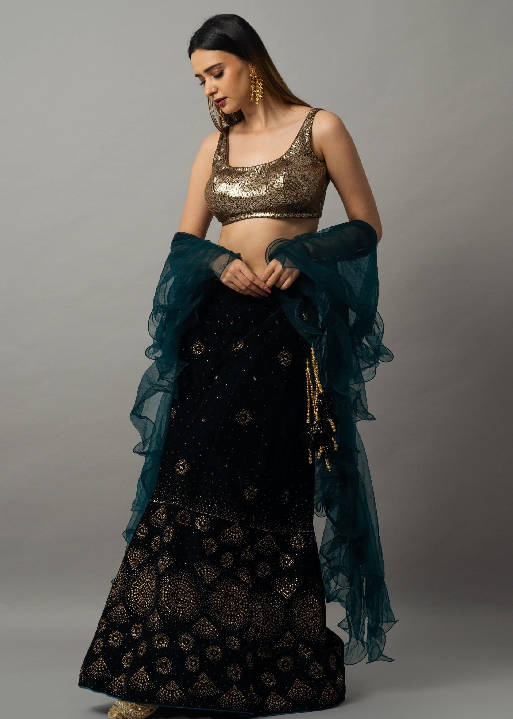 Velvet lehenga with ruffle dupatta for weddings