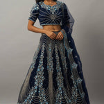 Dark Blue Floral Embroidered Lehenga Set with Zardozi Work - Anvi Couture