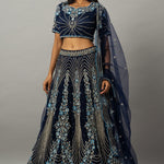 Dark Blue Floral Embroidered Lehenga Set with Zardozi Work - Anvi Couture