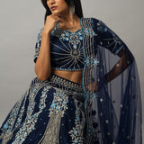 Dark Blue Floral Embroidered Lehenga Set with Zardozi Work - Anvi Couture