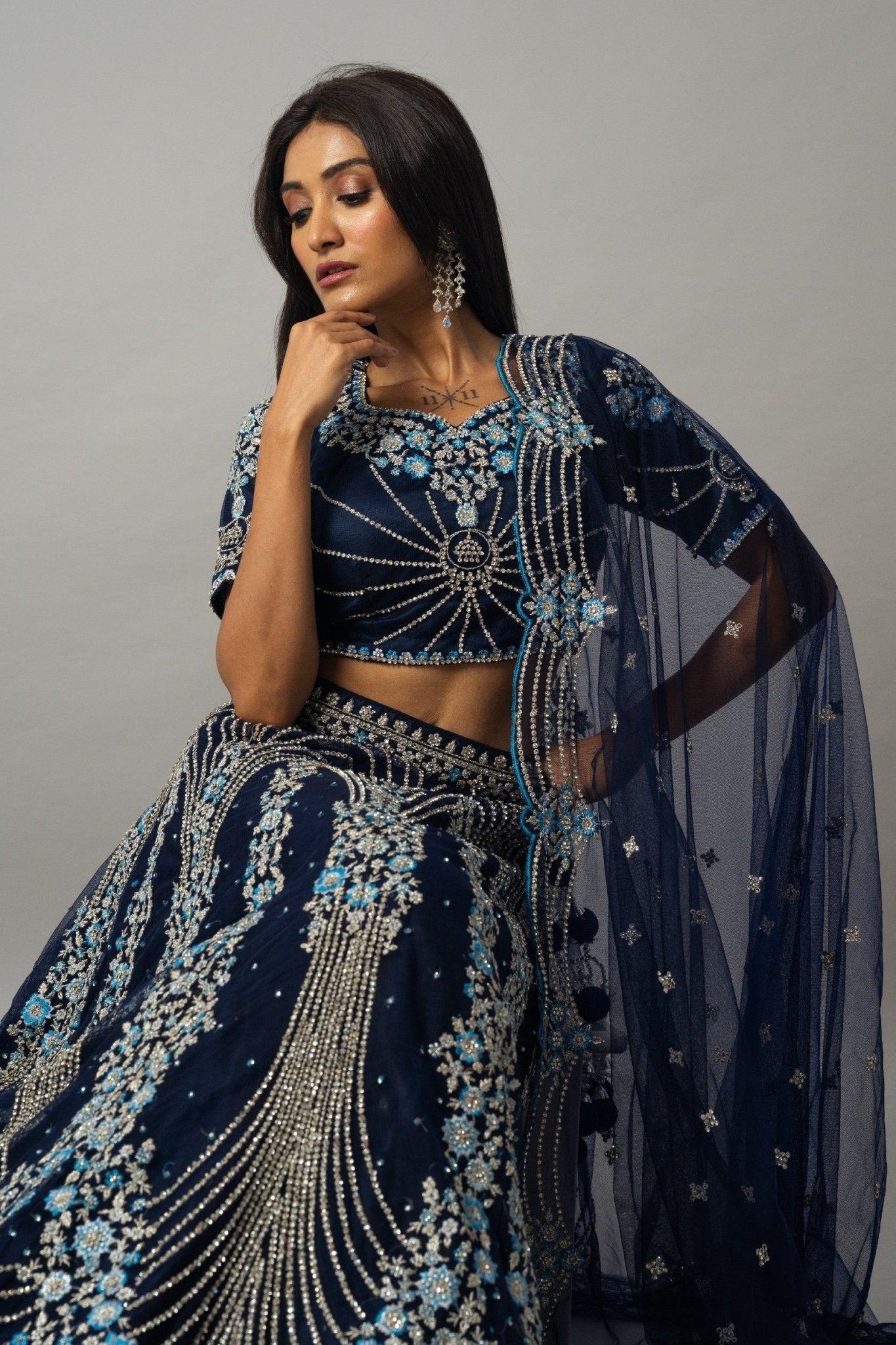 Dark Blue Floral Embroidered Lehenga Set with Zardozi Work - Anvi Couture