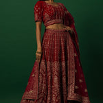 Luxurious Red Velvet Bridal Lehenga Set with Zardozi Embroidery Work - Anvi Couture