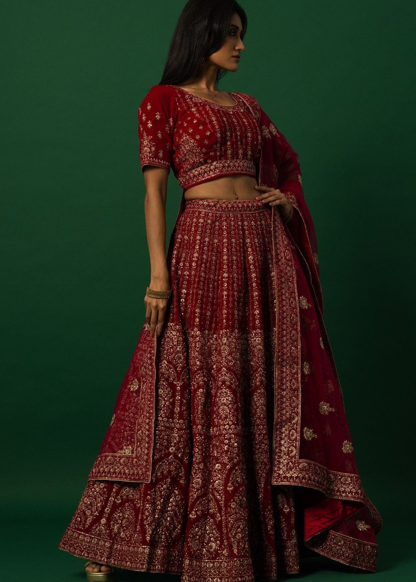 Luxurious Red Velvet Bridal Lehenga Set with Zardozi Embroidery Work - Anvi Couture