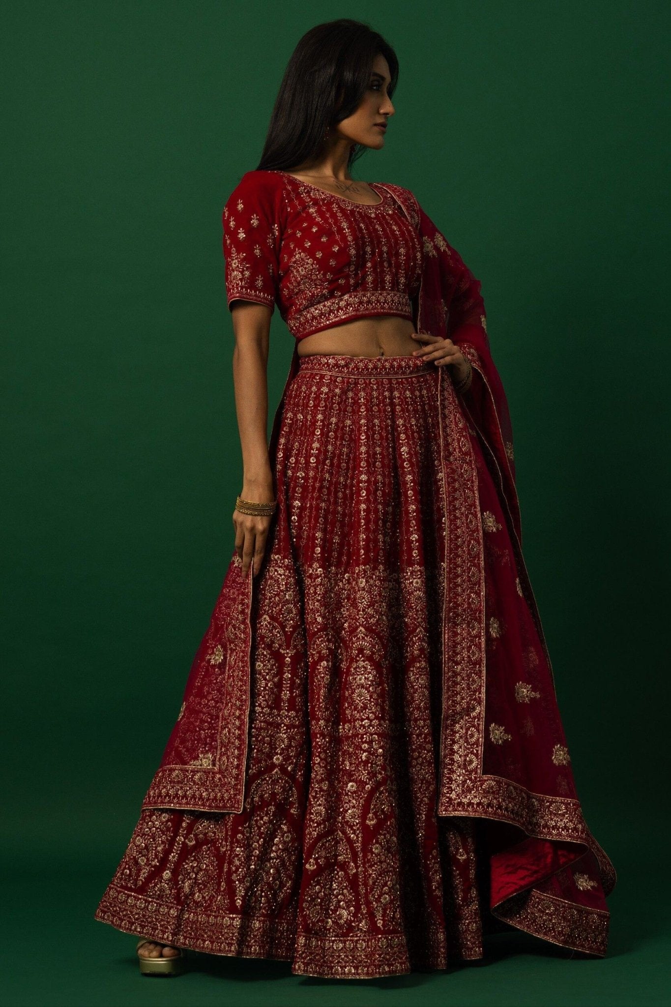 Luxurious Red Velvet Bridal Lehenga Set with Zardozi Embroidery Work - Anvi Couture