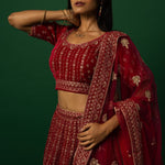 Luxurious Red Velvet Bridal Lehenga Set with Zardozi Embroidery Work - Anvi Couture