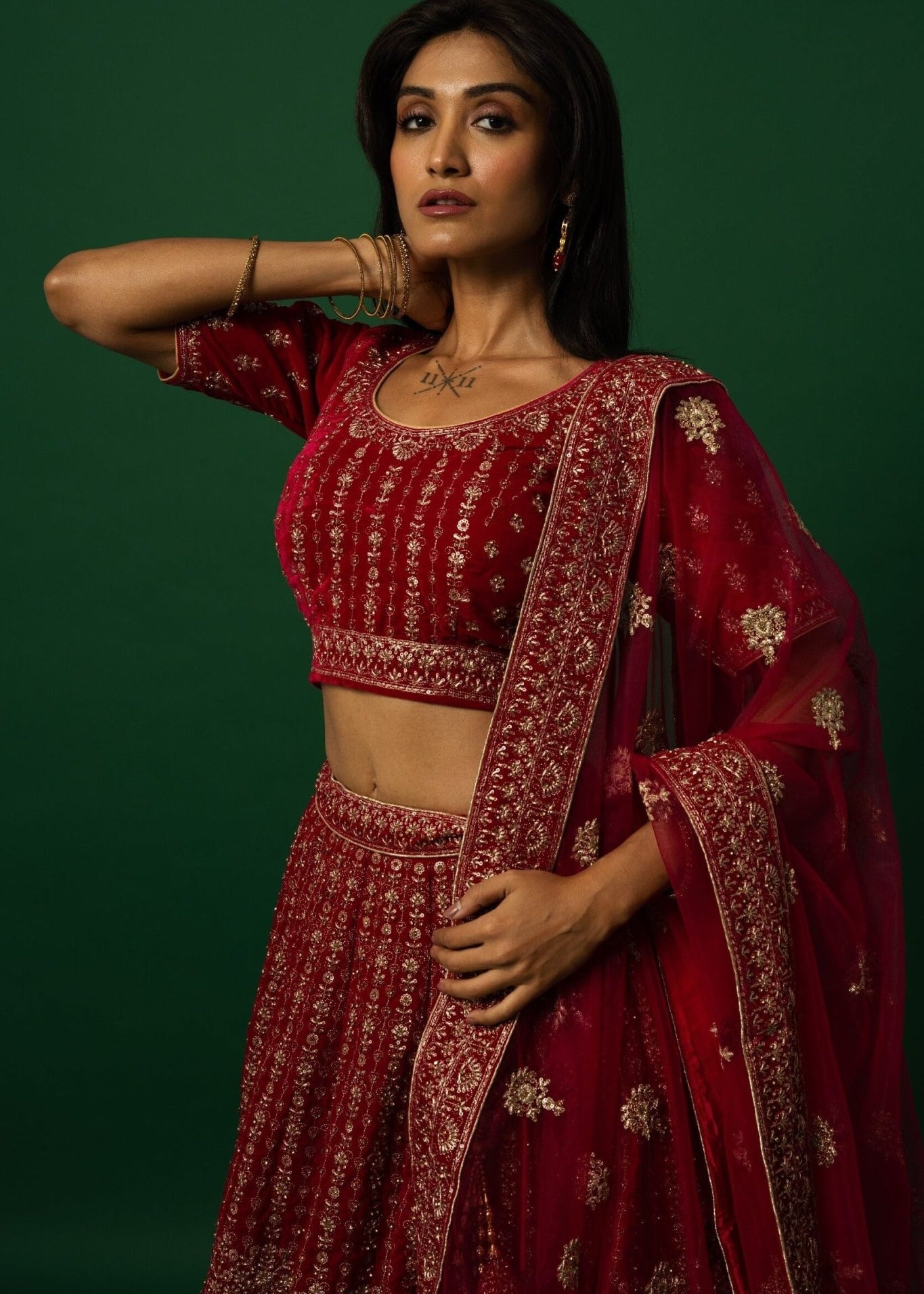 Luxurious Red Velvet Bridal Lehenga Set with Zardozi Embroidery Work - Anvi Couture