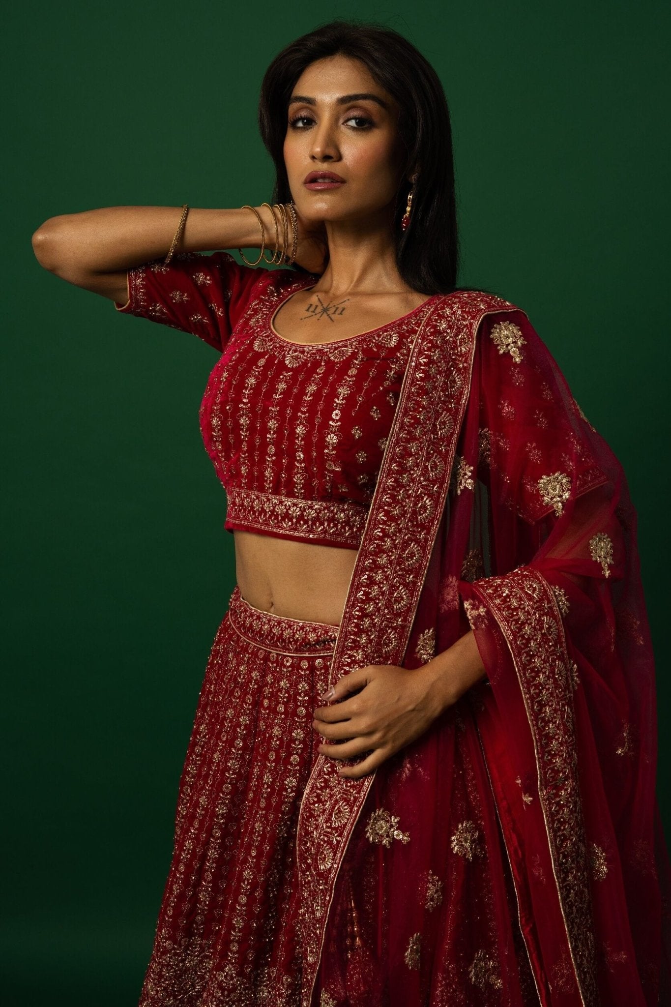 Luxurious Red Velvet Bridal Lehenga Set with Zardozi Embroidery Work - Anvi Couture