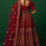 Luxurious Red Velvet Bridal Lehenga Set with Zardozi Embroidery Work - Anvi Couture