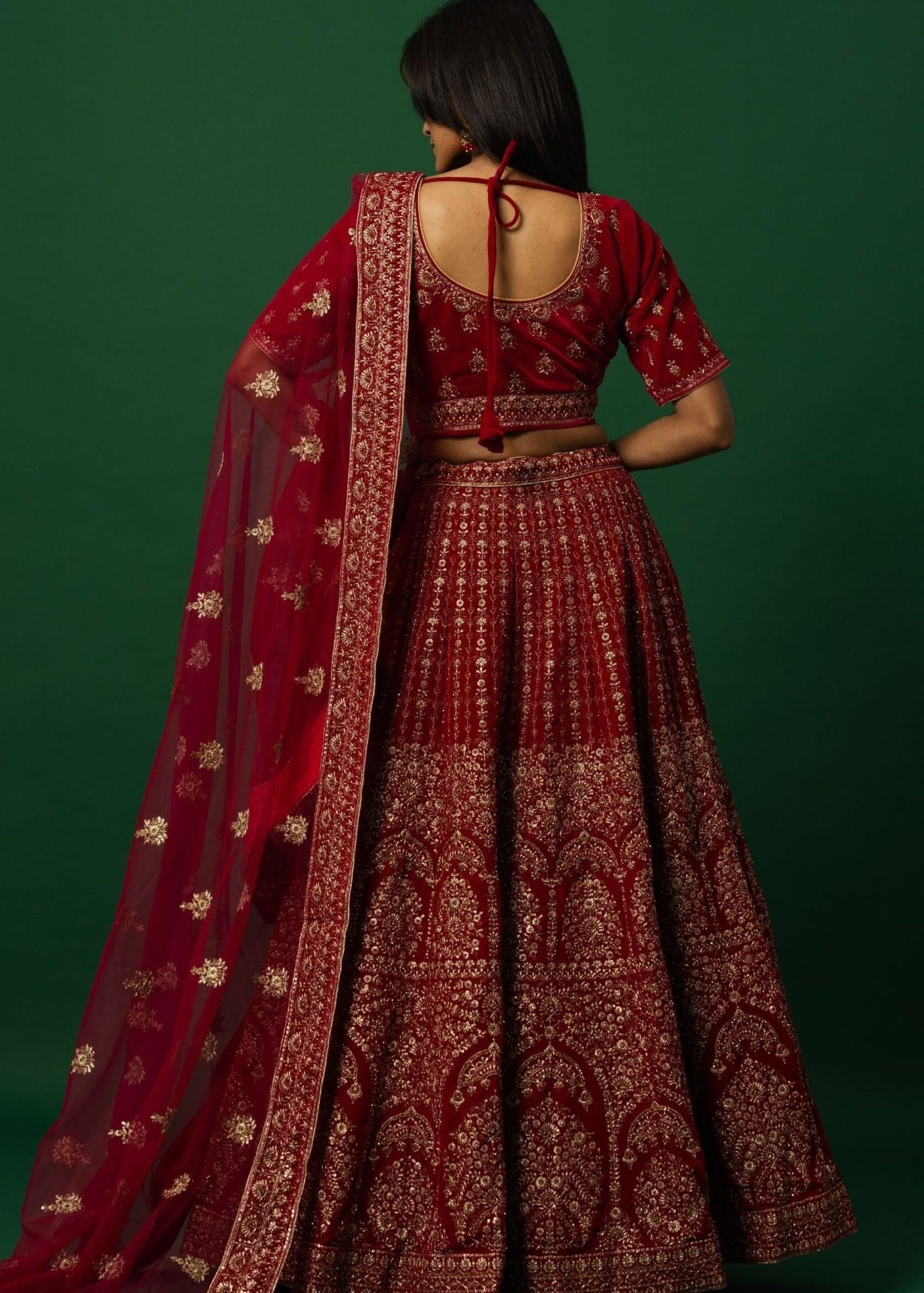 Luxurious Red Velvet Bridal Lehenga Set with Zardozi Embroidery Work - Anvi Couture