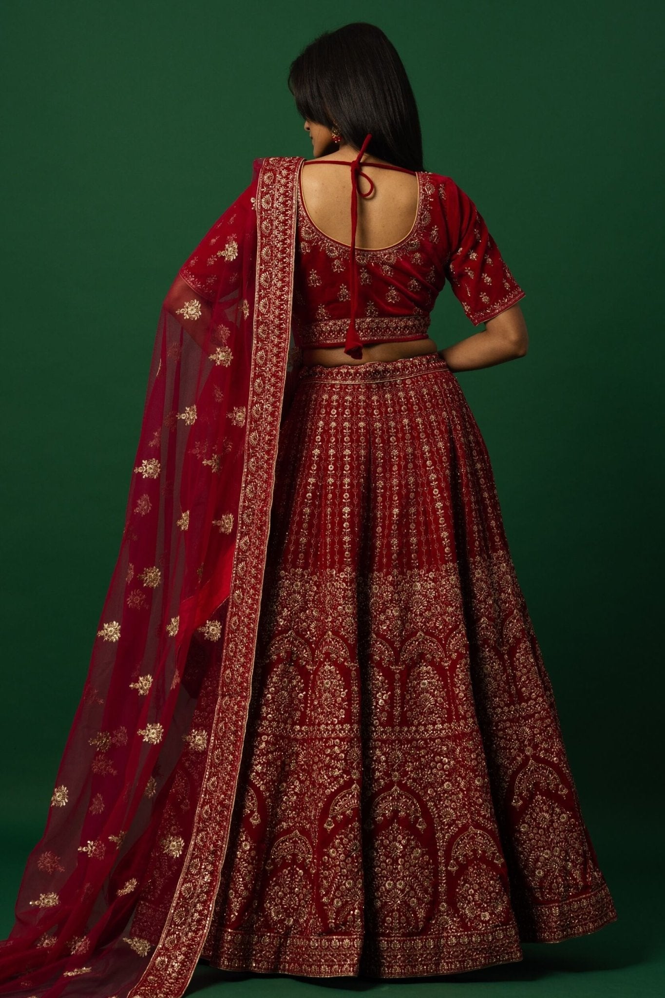 Luxurious Red Velvet Bridal Lehenga Set with Zardozi Embroidery Work - Anvi Couture