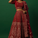 Luxurious Red Velvet Bridal Lehenga Set with Zardozi Embroidery Work - Anvi Couture