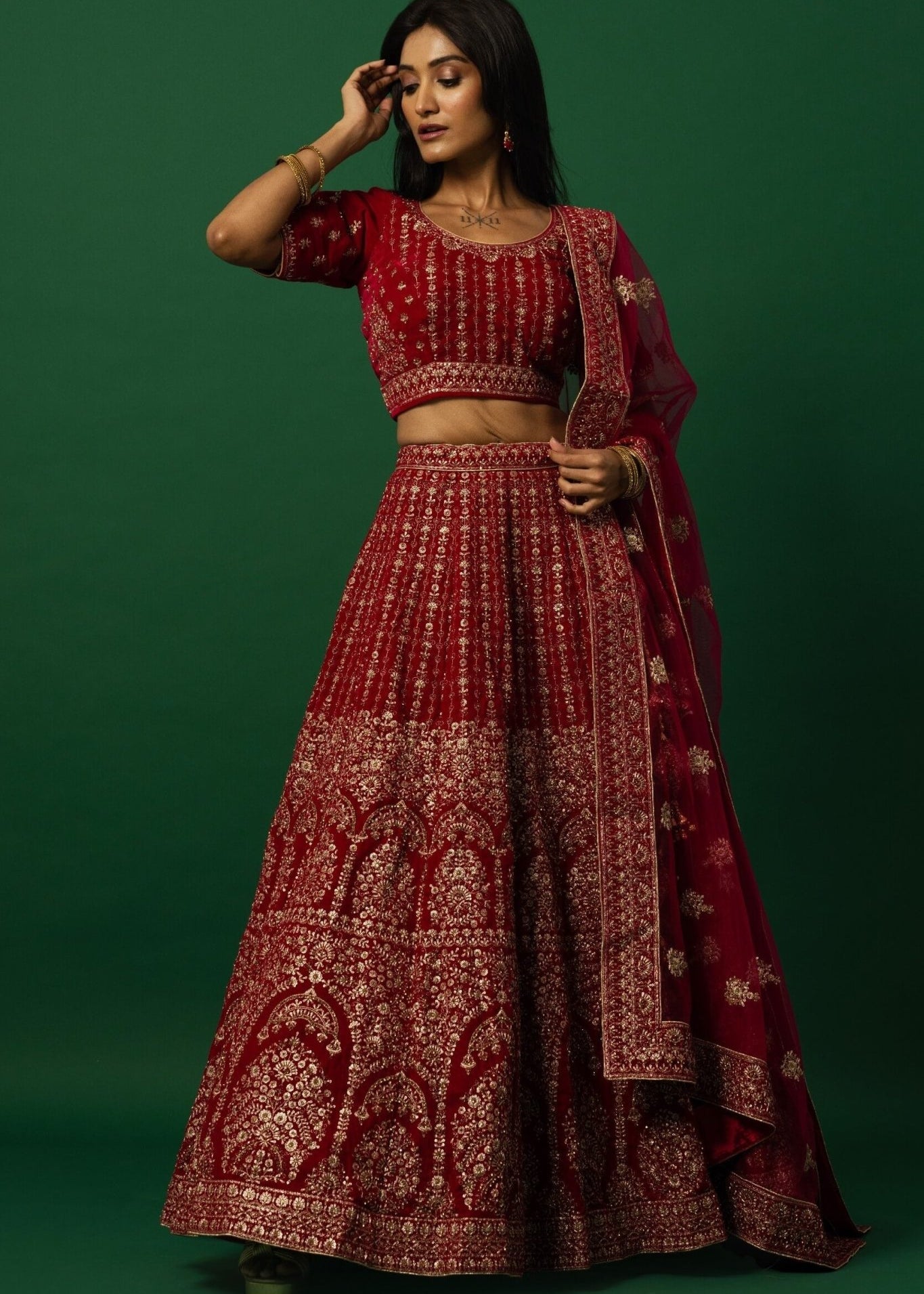 Luxurious Red Velvet Bridal Lehenga Set with Zardozi Embroidery Work - Anvi Couture