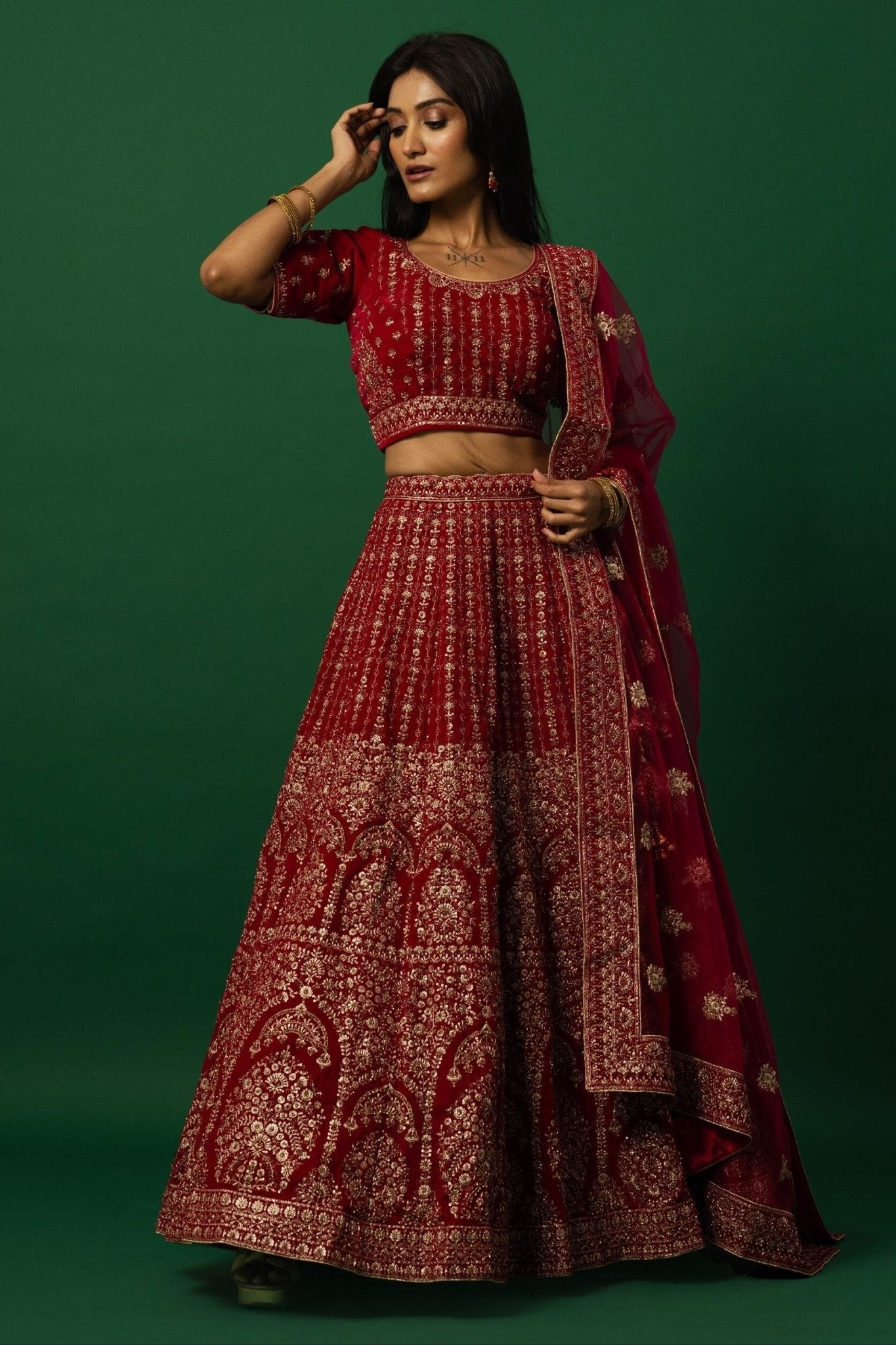 Luxurious Red Velvet Bridal Lehenga Set with Zardozi Embroidery Work - Anvi Couture