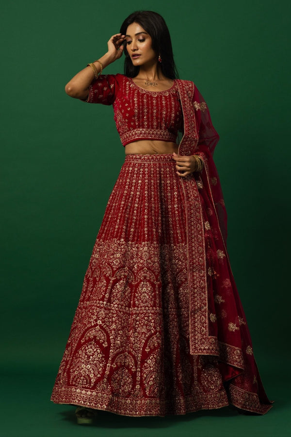Luxurious Red Velvet Bridal Lehenga Set with Zardozi Embroidery Work - Anvi Couture