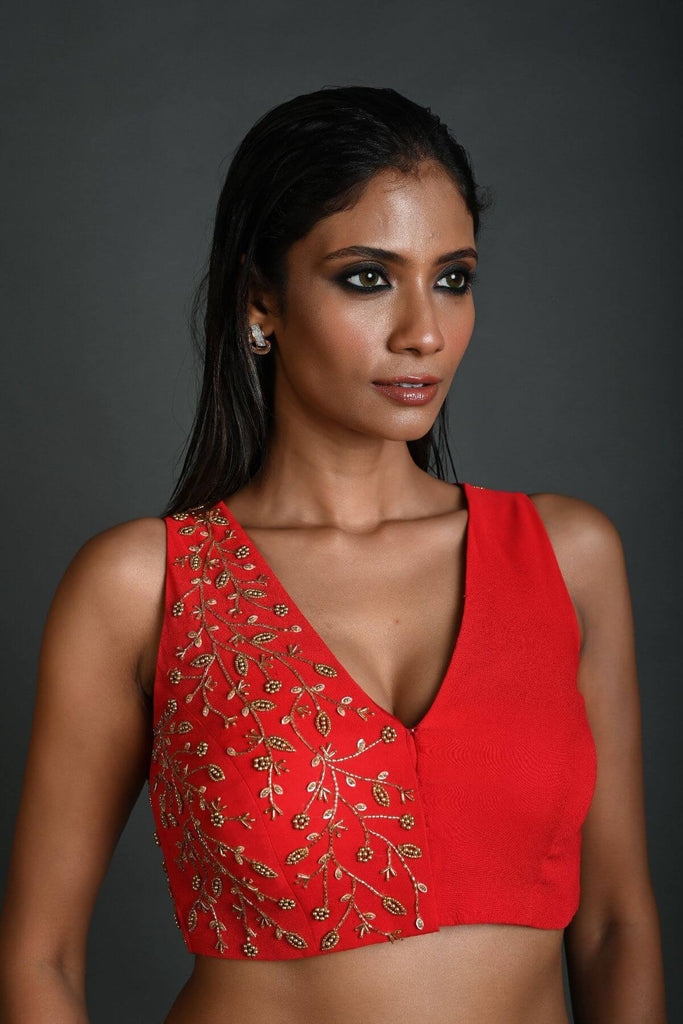 Red Hand Embroidered Sleeveless Blouse in Georgette with V-Neckline