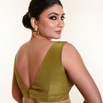 Olive Green Sleeveless Blouse in Crepe Silk and V - Neckline with Back Closure - Anvi Couture