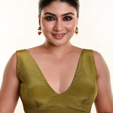 Olive Green Sleeveless Blouse in Crepe Silk and V - Neckline with Back Closure - Anvi Couture