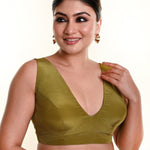 Olive Green Sleeveless Blouse in Crepe Silk and V - Neckline with Back Closure - Anvi Couture