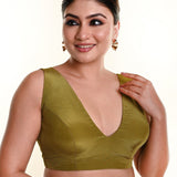 Olive Green Sleeveless Blouse in Crepe Silk and V - Neckline with Back Closure - Anvi Couture