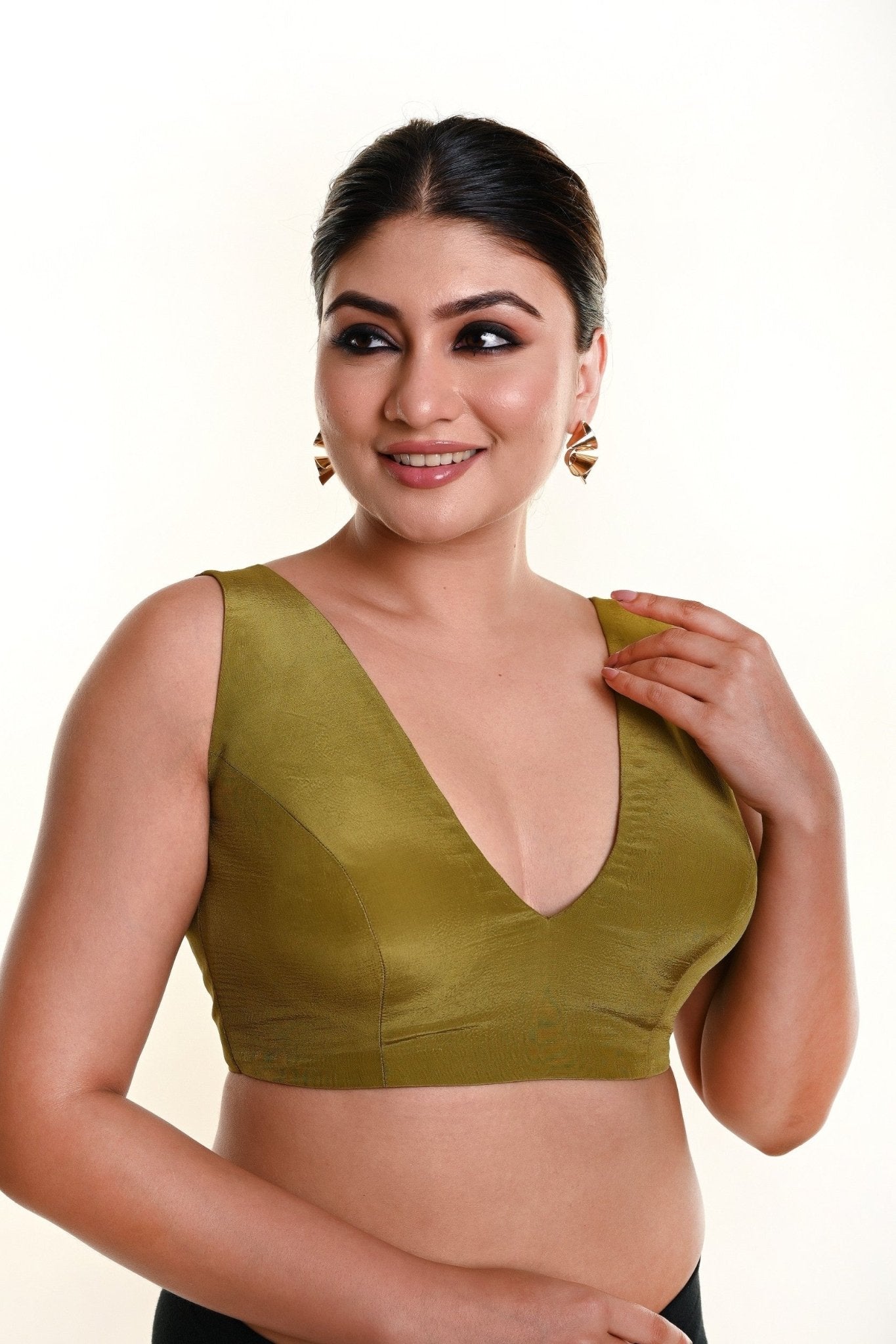 Olive Green Sleeveless Blouse in Crepe Silk and V - Neckline with Back Closure - Anvi Couture