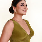 Olive Green Sleeveless Blouse in Crepe Silk and V - Neckline with Back Closure - Anvi Couture