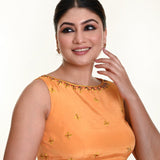 Butter Yellow Sleeveless Blouse in Crepe Silk with Hand Embroidery work - Anvi Couture