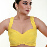 Bright Yellow Sleeveless Blouse in Crepe Silk with Strappy Back Hook Closure - Anvi Couture