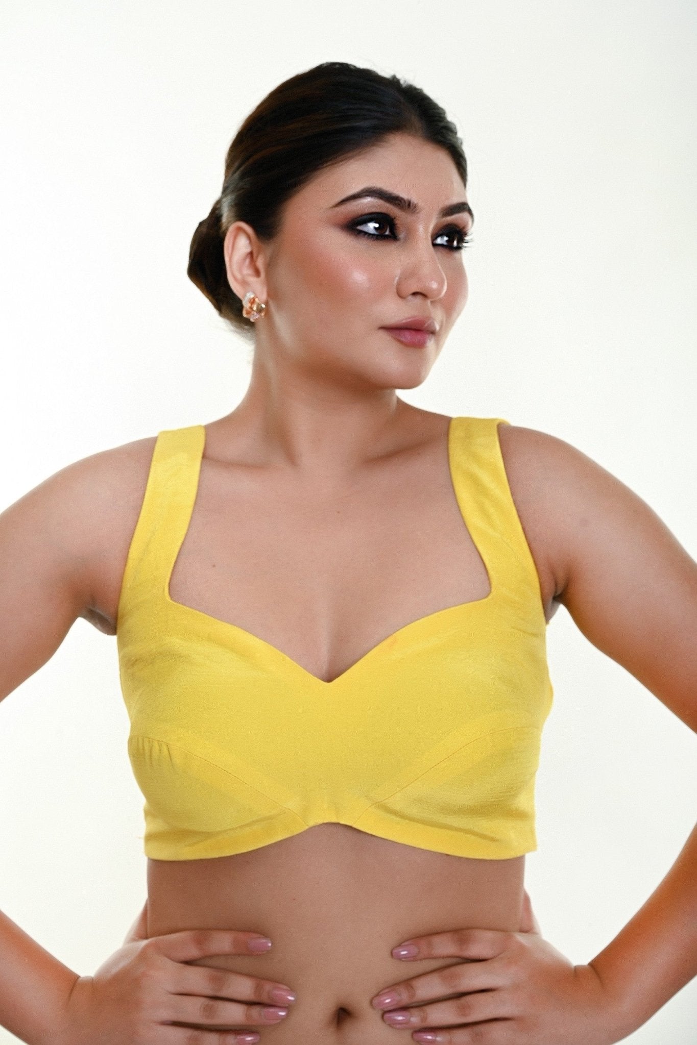 Bright Yellow Sleeveless Blouse in Crepe Silk with Strappy Back Hook Closure - Anvi Couture