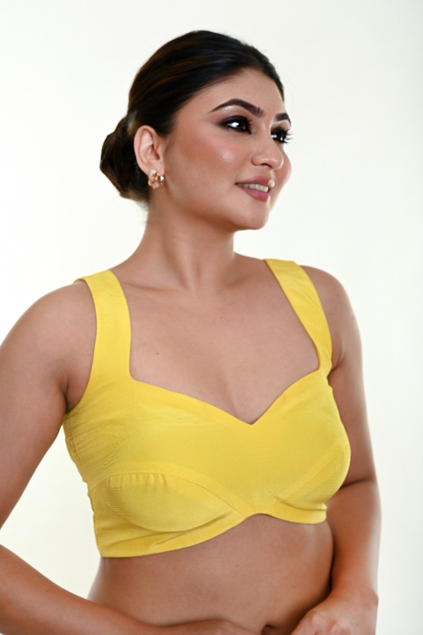 Bright Yellow Sleeveless Blouse in Crepe Silk with Strappy Back Hook Closure - Anvi Couture