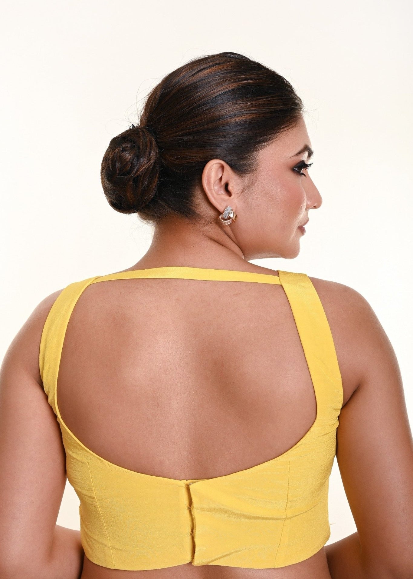 Bright Yellow Sleeveless Blouse in Crepe Silk with Strappy Back Hook Closure - Anvi Couture