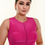 Pink Close Neck Sleeveless Silk Blouse with Front Hook Closure - Anvi Couture