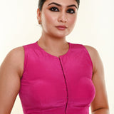 Pink Close Neck Sleeveless Silk Blouse with Front Hook Closure - Anvi Couture
