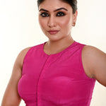 Pink Close Neck Sleeveless Silk Blouse with Front Hook Closure - Anvi Couture