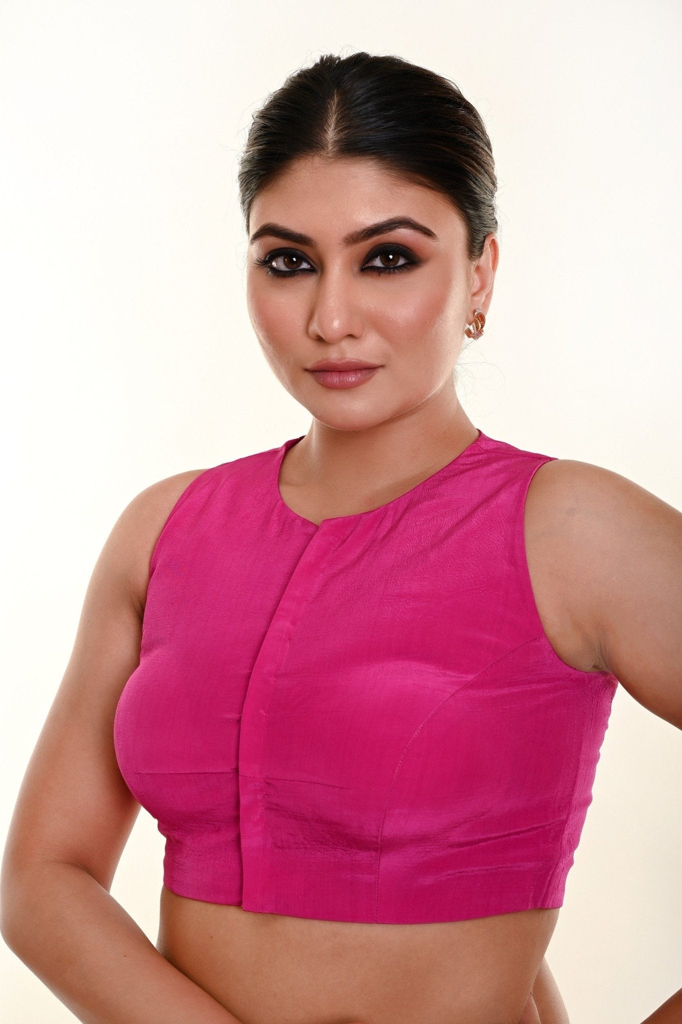 Pink Close Neck Sleeveless Silk Blouse with Front Hook Closure - Anvi Couture