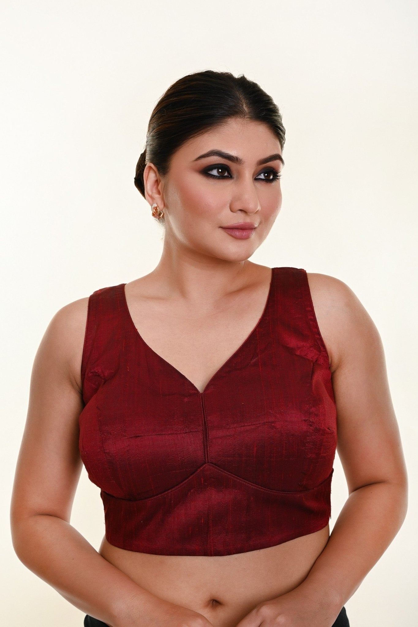 Maroon blouse in Raw Silk Leaf Shaped Neckline and Back Cut out - Anvi Couture
