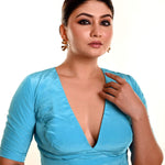 Bright Sky - Blue Satin Silk Blouse with Plunging V - Neckline and Half Sleeves - Anvi Couture