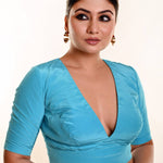 Bright Sky - Blue Satin Silk Blouse with Plunging V - Neckline and Half Sleeves - Anvi Couture
