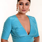 Bright Sky - Blue Satin Silk Blouse with Plunging V - Neckline and Half Sleeves - Anvi Couture
