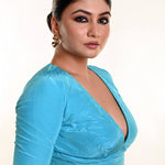 Bright Sky - Blue Satin Silk Blouse with Plunging V - Neckline and Half Sleeves - Anvi Couture