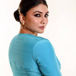 Bright Sky - Blue Satin Silk Blouse with Plunging V - Neckline and Half Sleeves - Anvi Couture