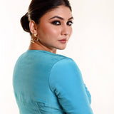 Bright Sky - Blue Satin Silk Blouse with Plunging V - Neckline and Half Sleeves - Anvi Couture