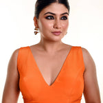 Bright Orange Sleeveless Blouse in Crepe Silk and V - Neckline - Anvi Couture