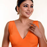 Bright Orange Sleeveless Blouse in Crepe Silk and V - Neckline - Anvi Couture